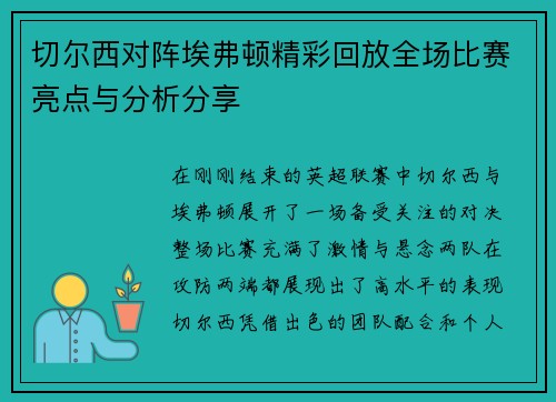 切尔西对阵埃弗顿精彩回放全场比赛亮点与分析分享